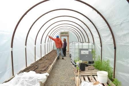 Karen's hoop house made from old cable spools